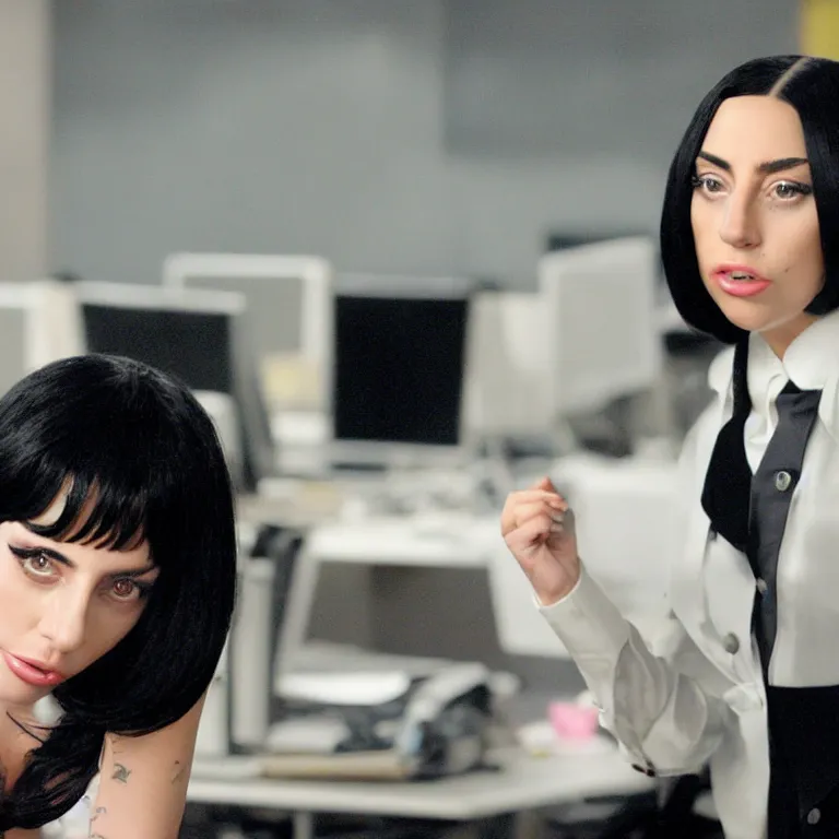 Prompt: confused lady gaga ( black haired ) looking at the camera, from the office ( 2 0 0 5 ), detailed background, uhd, low light, cinematic, realistic, clear face, clear eyes.