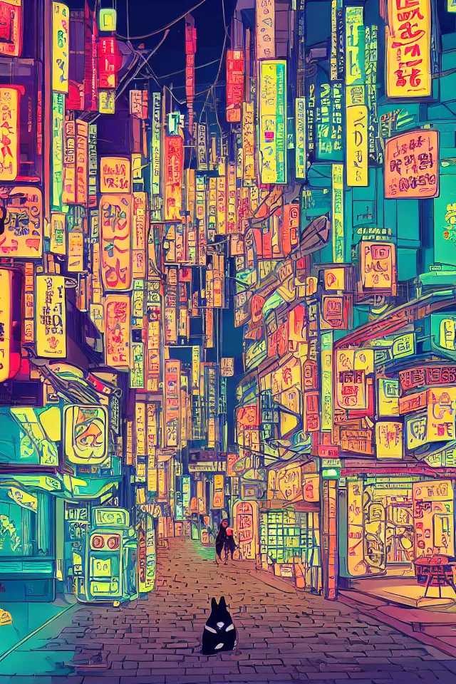 Image similar to a portrait of a shiba inu dog walking through neon streets of tokyo, in the style of studio ghibli, artistic, highly detailed