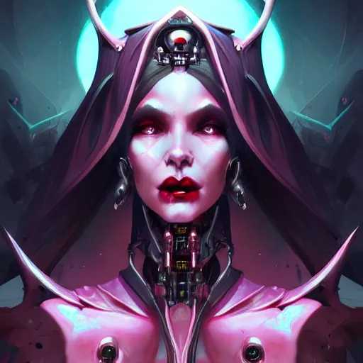 Image similar to a portrait of a beautiful demonic cybernetic queen of vampires, cyberpunk concept art by pete mohrbacher and wlop and artgerm and josan gonzales, digital art, highly detailed, intricate, sci-fi, sharp focus, Trending on Artstation HQ, deviantart, unreal engine 5, 4K UHD image