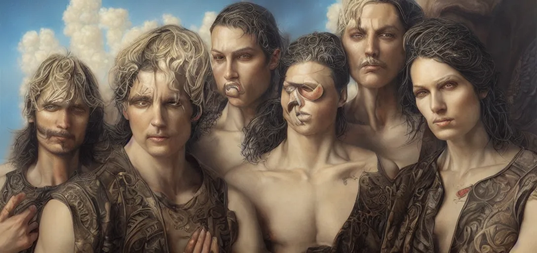 Image similar to polyphia band portrait by Tom Bagshaw and Manuel Sanjulian and Boris Vallejo, Hyperrealism