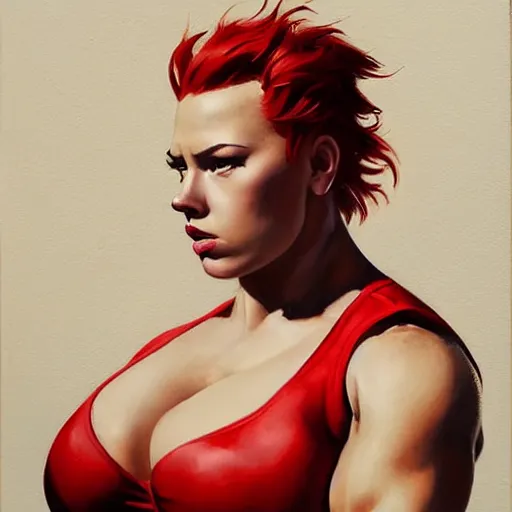 Prompt: greg manchess portrait of thick muscular weightlifter zarya from overwatch with ponytail and red hair played by scarlett johansson, medium shot, asymmetrical, profile picture, organic painting, sunny day, matte painting, bold shapes, hard edges, street art, trending on artstation, by huang guangjian and gil elvgren and sachin teng