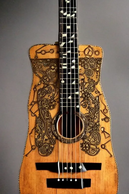 Image similar to a steampunk six string acoustic guitar fretboard