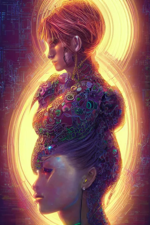 Image similar to portrait of female humanoid from 9 0 s era, intricate, elegant, neon lights, highly detailed, digital painting, artstation, glamor pose, concept art, smooth, sharp focus illustration, art by katsuhiro otomo