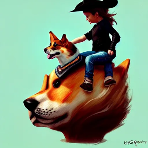 Prompt: tiny cat girl in cowboy hat riding on the back of a giant corgi by greg rutkowski