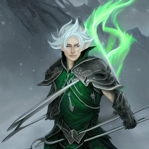 Image similar to High Fantasy dramatic portrait painting of a white haired male elf walking through the snow with a glowing green sword in his hand, leg high, face showing, full body, fantasy clothing, cgsociety, trending on artstation, dnd