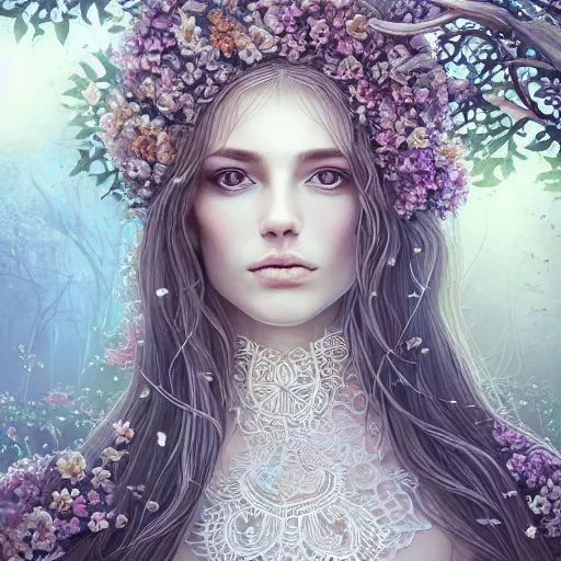Prompt: a picture of a beautiful woman with a symmetrical detailed face, dressed in a white lace dress and covered in flowers and leaves sitting in an enchanted forest, sunset, high fantasy, elegant, epic, detailed, intricate, digital painting, concept art, realistic detailed face, smooth, focus, soft volumetric light through the trees,