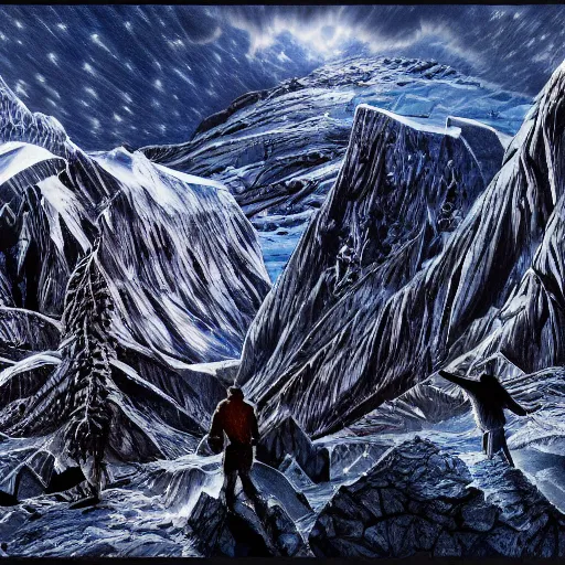 Image similar to epic masterpiece of confrontation between man and diamond mountain spirit Antarctica, gift of birth, origin mythos, astounding beauty, cinematic, establishing shot, extremely high detail, photorealistic, cinematic lighting, intricate line drawings, 8k resolution