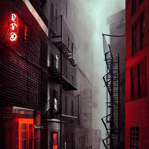 Image similar to Overview of the back alley of New York by night, under heavy rain. buildings, fire escape ladders. Hardboiled. Noir. Cinematic, hyper realistic, 3D, hyper detailed, ambient lighting, bright pastel color