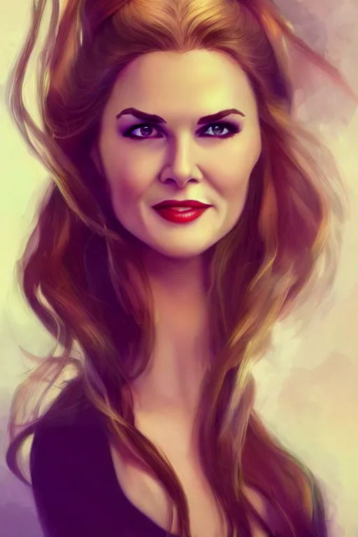 Image similar to mix of beautiful young maria shriver, mariel hemmingway, brooke shields, nicole kidman and elle macpherson as a snake girl with fangs, thin lips, hair tied up in a pony tail, dark blonde hair, colorful, artstation, cgsociety