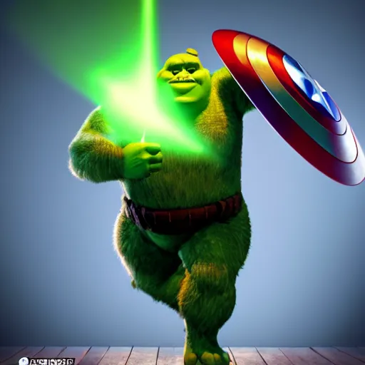 Image similar to digital painting of Shrek as Captain America, octane render, volumetric lightening, by marvel