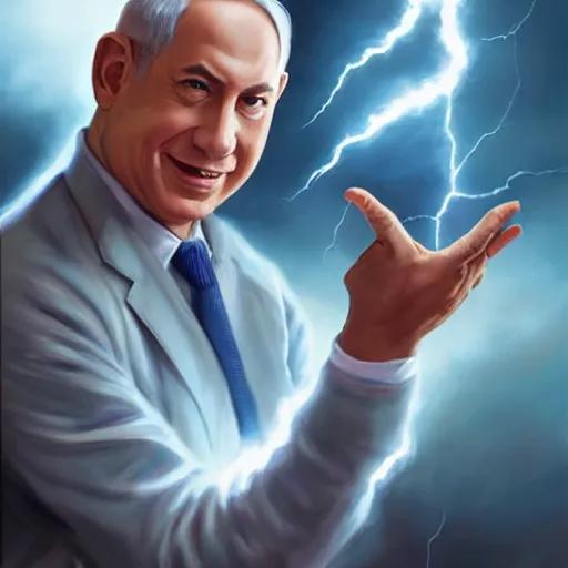Image similar to portrait of benjamin netanyahu smirking while holding lightning bolts with his hands, by artgerm and greg rutkowski