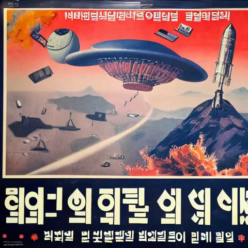 Image similar to [North Korean space mission, 1950 poster, very detailed, cinematic lighting, matte, sharp, photography]