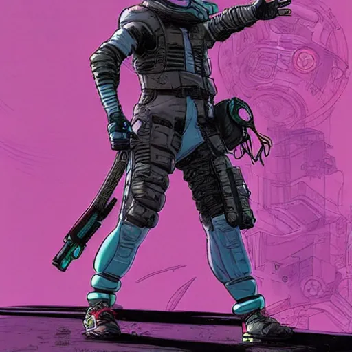 Prompt: Apex legends cyberpunk fitness dude. Concept art by James Gurney and Mœbius.