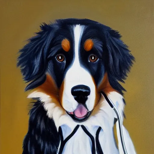 Prompt: an oil painting of a bernese mountain dog dressed in doctor's lab coat with a stethoscope around his neck, high quality