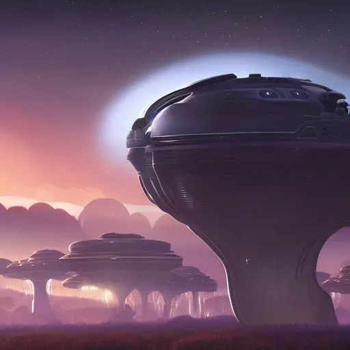 Image similar to a fancy alien spaceship on a dusky biome by pixar, humongous view, rtx, smooth, cinematic