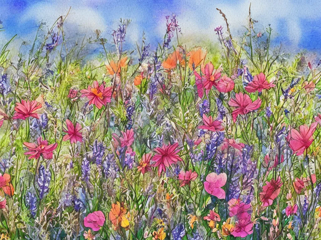 Image similar to a beautiful watercolor painting of wildflowers blooming in the sonoran desert, fantasy illustration