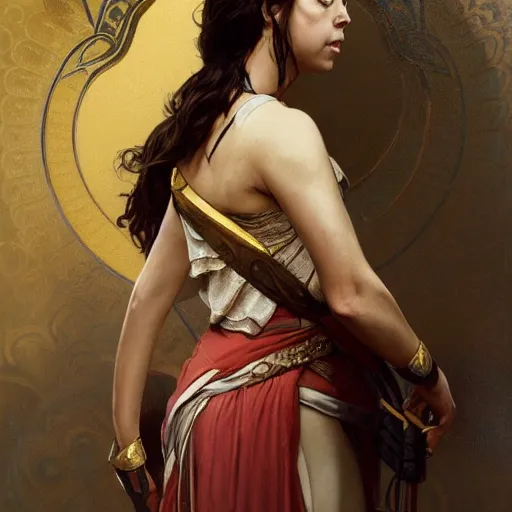 Image similar to Aubrey Plaza as a noble in the Roman period, intricate, highly detailed, digital painting, artstation, concept art, sharp focus, illustration, art by greg rutkowski and alphonse mucha