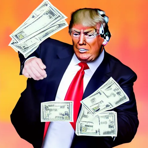 Image similar to donald trump holding bags of money, running from the police