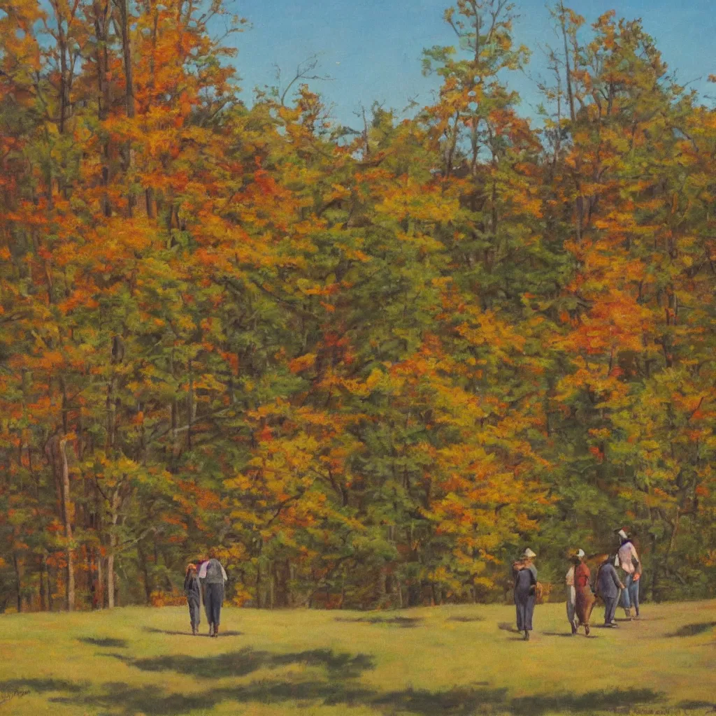 Image similar to 1 9 4 0 s american realist oil painting of walking together in the late afternoon light of gatineau park in october