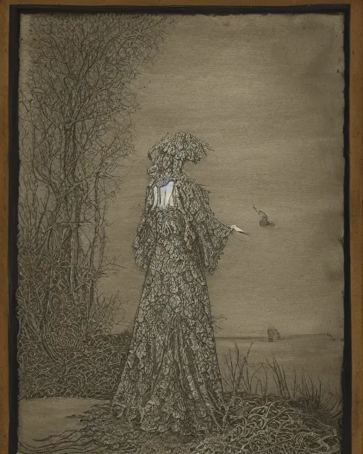 Image similar to a woman standing at the shore, made of intricate decorative lace leaf skeleton, in the style of the dutch masters and gregory crewdson, dark and moody