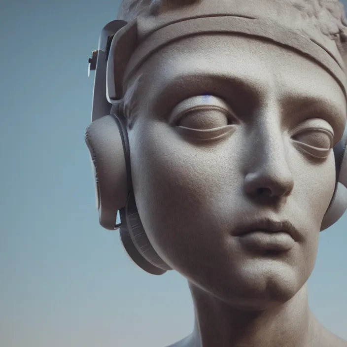 Image similar to stoic statue wearing headphone, vaporwave, aesthetic, naturel, symmetrical face, hyper detailed, digital sculpture, trending in artstation, cinematic lighting, studio quality, smooth render, unreal engine 5 rendered, octane rendered, art style by klimt and nixeu and ian sprigger and wlop and krenz cushart