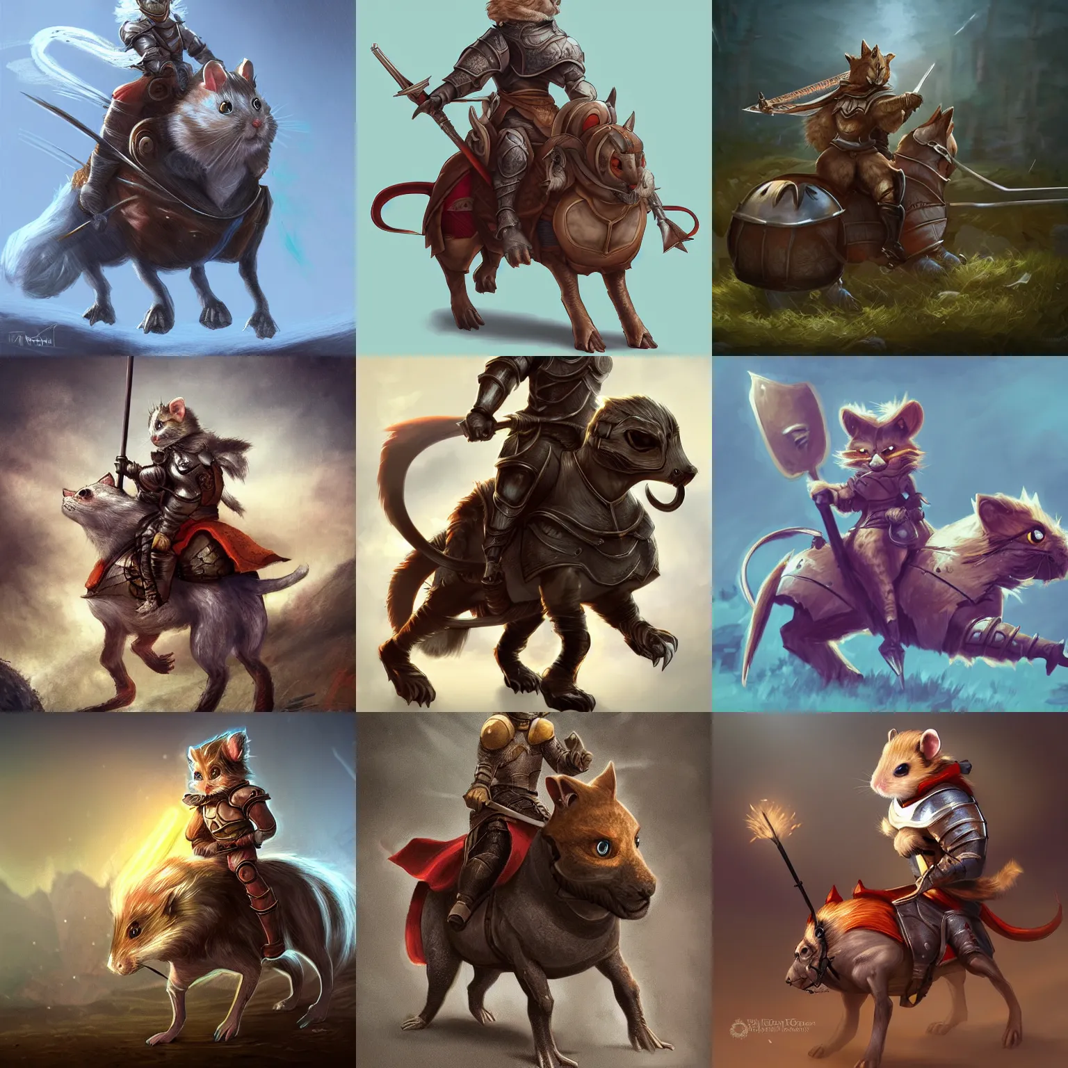 Prompt: hamster knight riding his trusty cat steed into battle, digital fantasy art, high resolution, trending on artstation