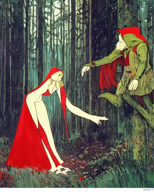 Image similar to red riding hood meeting the big bad wolf after straying from the path, 1 9 7 0 s, seventies, wallpaper, delicate embellishments, painterly, offset printing technique, by brom, robert henri, walter popp