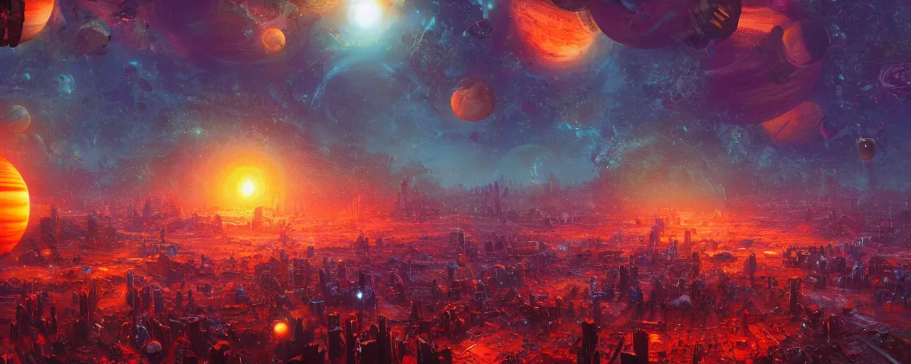 Image similar to outer planet covered in dripping honey with mega cities, [ art by paul lehr, cinematic, detailed, epic, widescreen, opening, establishing, mattepainting, photorealistic, realistic textures, octane render ]