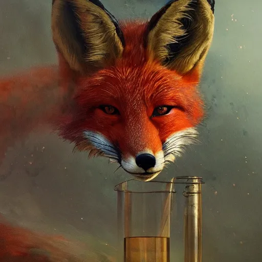 Image similar to artstation concept of a fox doing science, fox scientist, chemicals, humanoid fox, bright colorful, hyperdetailed, artstation trending, world renowned artists, worth1000.com, historic artworks, cgsociety, by greg rutkowski, by Gustave Dore, Deviantart