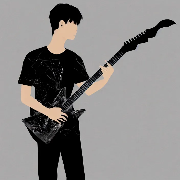 Image similar to a young korean man wearing black t shirt holding an electric guitar!!, dark background, huge brush strokes, dramatic smoke everywhere, matte colors, dramatic brush strokes, abstract, trending on artstation