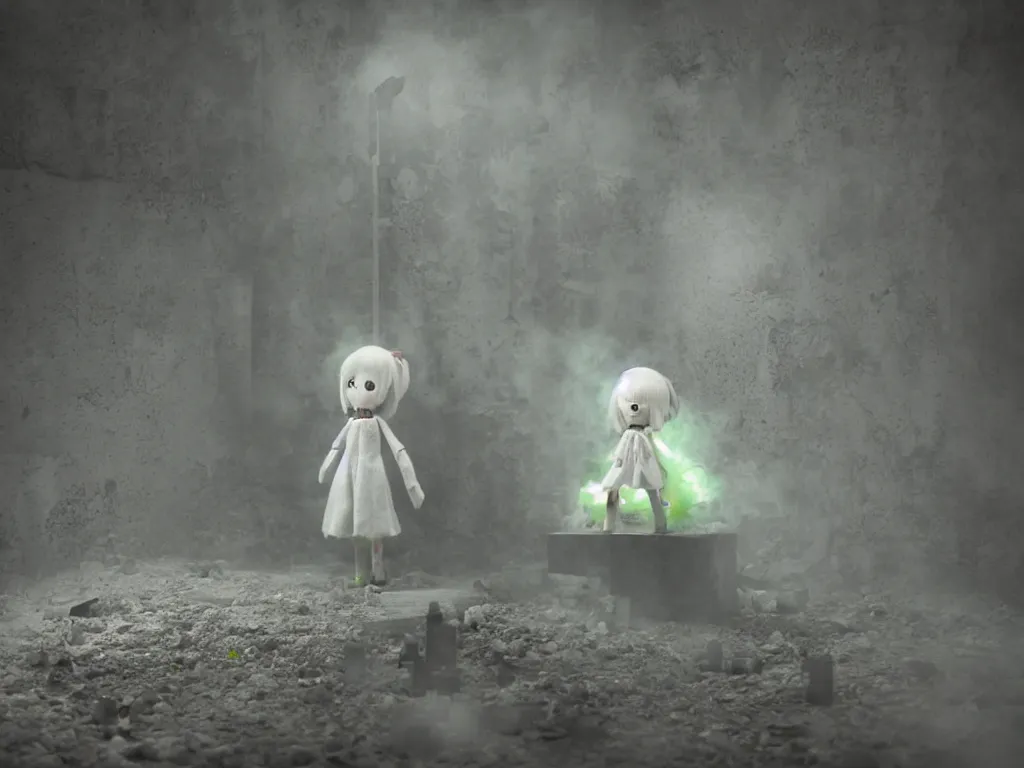 Image similar to cute fumo plush girl ghost lingering in a mysterious concrete wartorn brutalist ruin infected by floating spores of red parasitic fungus, technicolor horrorscape, chibi gothic maiden in tattered rags, dramatic three point lighting, glowing wisps of hazy green smoke and eerie volumetric fog swirling about, vray