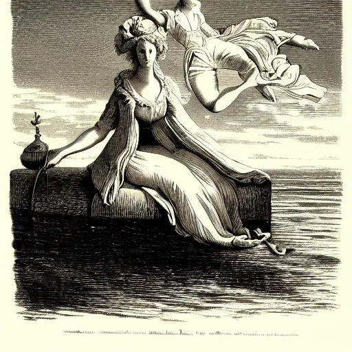 Image similar to A beautiful 19th century wood-engraving of Marie Antoinette levitating over the sea, by Édouard Riou Jules Férat and Henri de Montaut, highly detailed, fine Art, high detail, masterpiece, illustration, clear eyes, trending on artstation