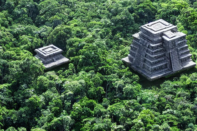 Prompt: A hypercube atop a Mayan temple in the middle of the jungle