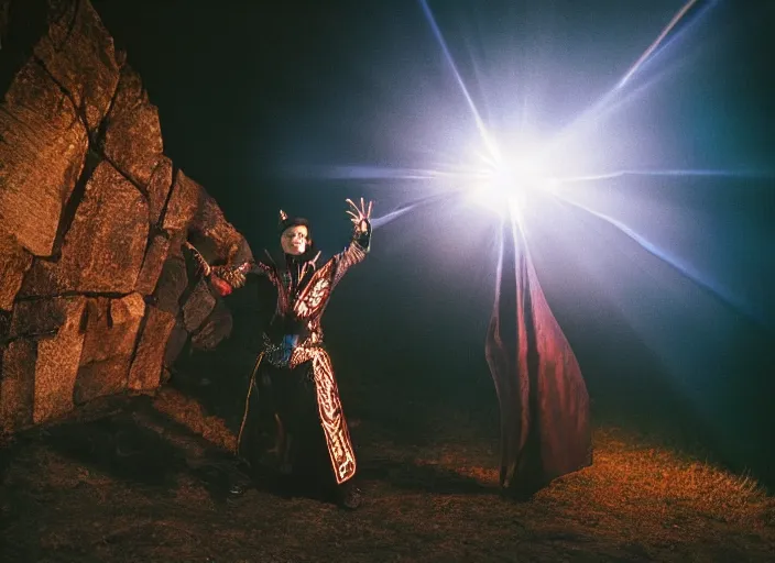 Image similar to a very very good looking detailed fantasy sorcerer wearing amazing clothes ejects a blast of magic energy from their hands!! dramatically on an empty moonlit hill, dramatic lighting, lens flare, 3 5 mm full frame professional photography, kodak ektar