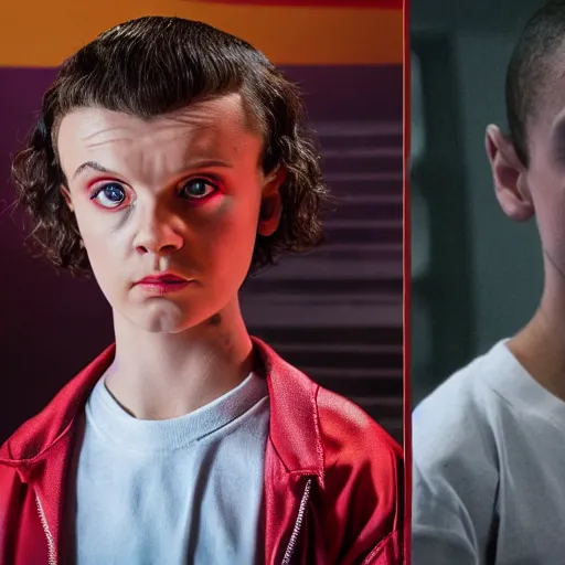 Prompt: eleven from stranger things versus The Rock in a WWE fight