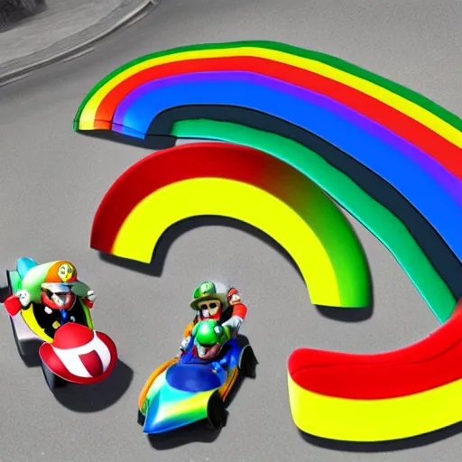 Prompt: Mario kart rainbow road, hyper realistic