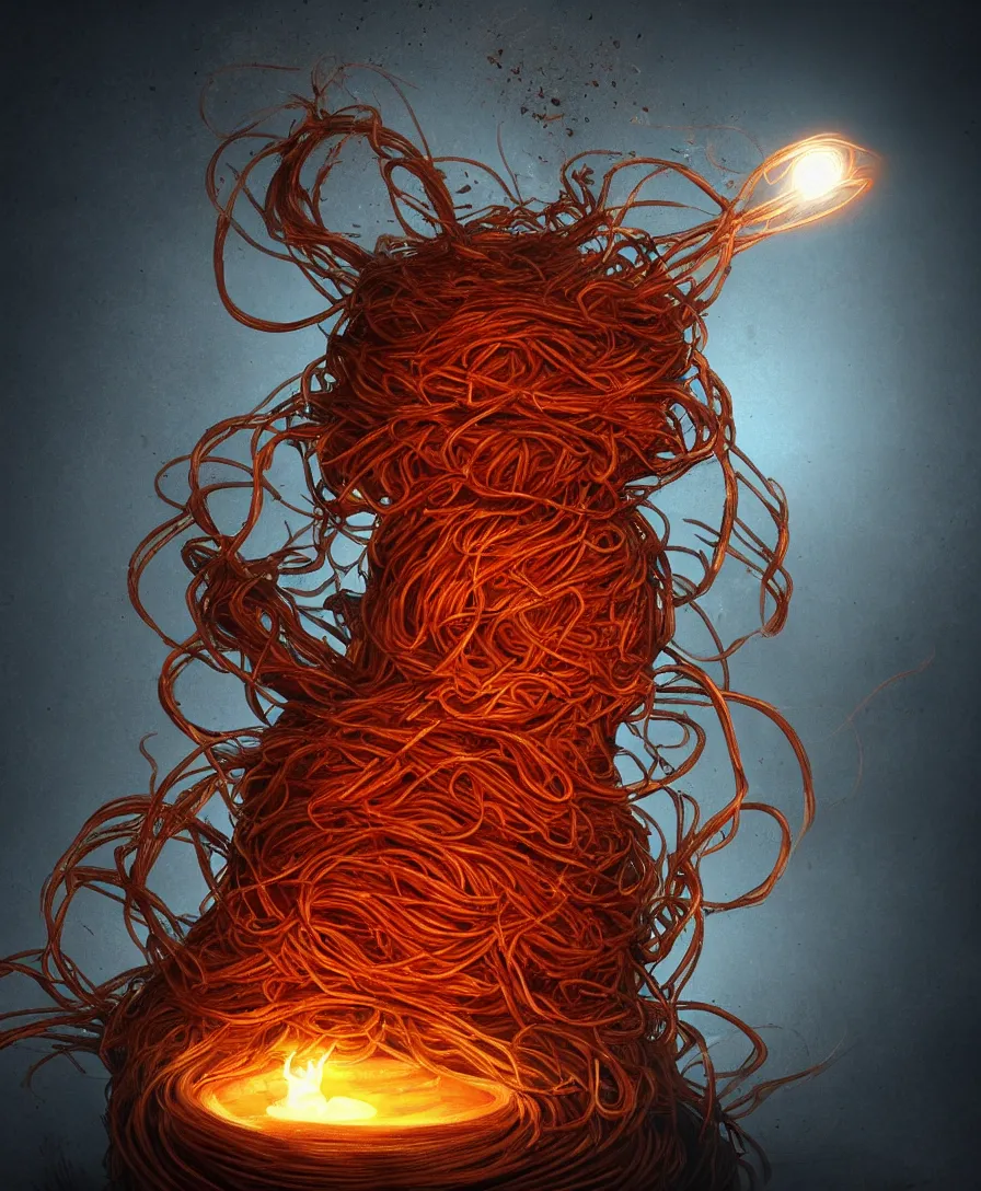Prompt: spaghetti monster coming out of the pot, cinematic lighting, magical atmosphere, 8k, artstation, masterpiece, ultra hd