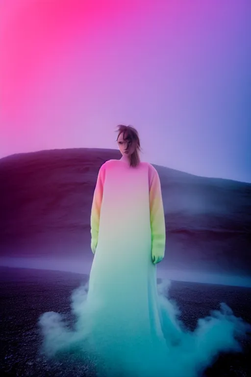 Image similar to high quality pastel coloured film close up wide angle photograph of a model wearing clothing resting on cloud furniture in a icelandic black rock!! environment in a partially haze filled dreamstate world. three point light, rainbow. photographic production. art directed. pastel colours. volumetric clouds. pastel gradient overlay. waves glitch artefacts. extreme facial clarity. 8 k. filmic.