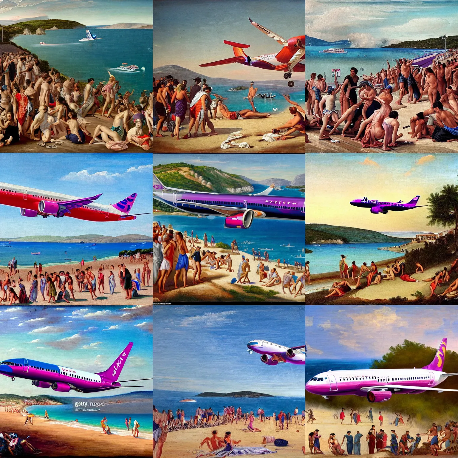 Prompt: classical painting of a wizzair airbusa 3 2 1 neo landing at skiathos airport, low over the heads of the people on the beach