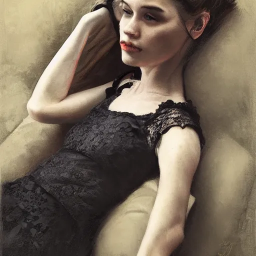 Image similar to girl with pigtails hairstyle, dragon tattoo sleeve, lace dress, reclining pose, jeremy lipking, joseph todorovitch