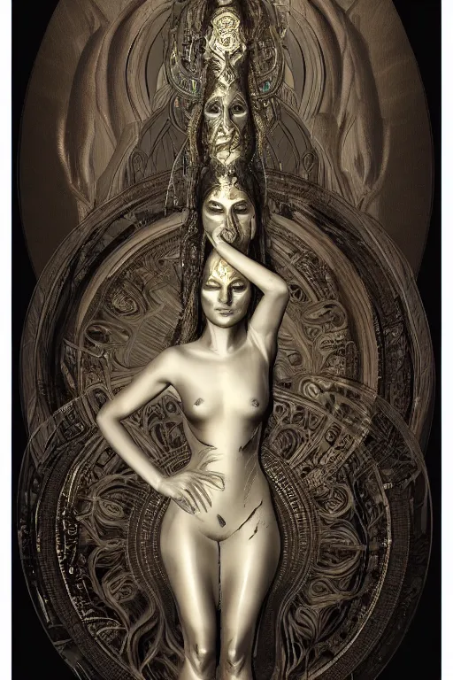 Image similar to a realistic dark photo of a beautiful ancient alien woman goddess kate moss nataraja standing in iris van herpen dress in style of alphonse mucha art nuvo dmt trending on artstation made in unreal engine 4 in 8 k