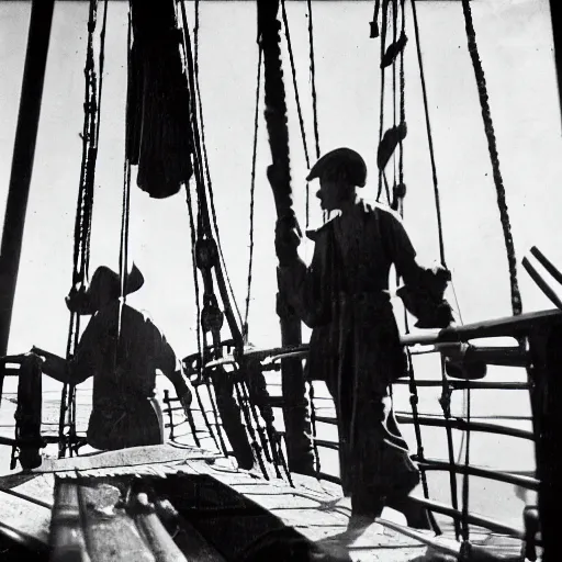 Prompt: men scrubbing the deck of a pirate ship, circa 1920s, cinematic, dramatic lighting