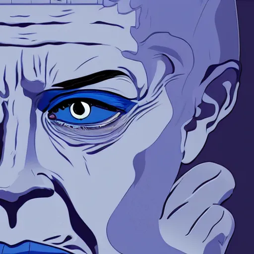 Prompt: prussian blue by tomer hanuka imposing, sigma 8 5 mm f / 1. 4. a beautiful body art of a giant head. the head is bald & has a big nose. the eyes are wide open & have a crazy look. the mouth is open & has sharp teeth. the neck is long & thin.