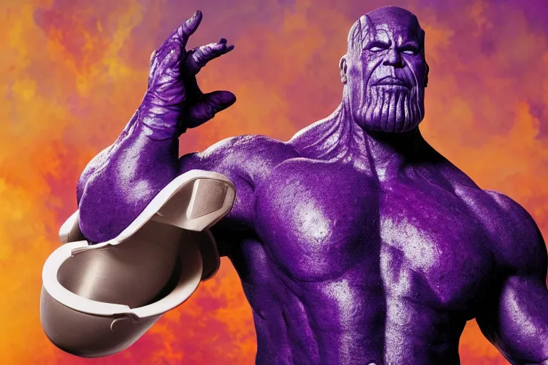 Image similar to multicolor photo of thanos wearing a kitchen mitt by pierre and gilles in 4 k ultra high resolution and with bokeh, with inspiring feeling