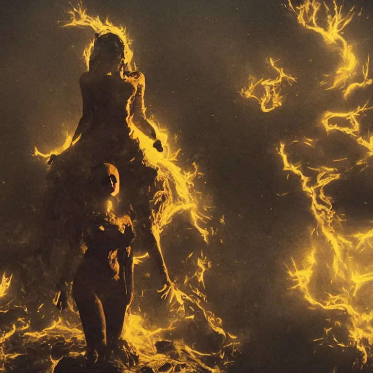 Image similar to The full body shot of beautiful pale woman with many eyes flowers and full-face golden mask inside a thick black smoke in rocky desert landscape, glowing eyes, falling star on the horizon, burning earth by Gaspar Noe and Christopher Doyle, anamorphic lens, anamorphic lens flares, kodakchrome, cinematic composition, practical effects, award winning photo, 8k