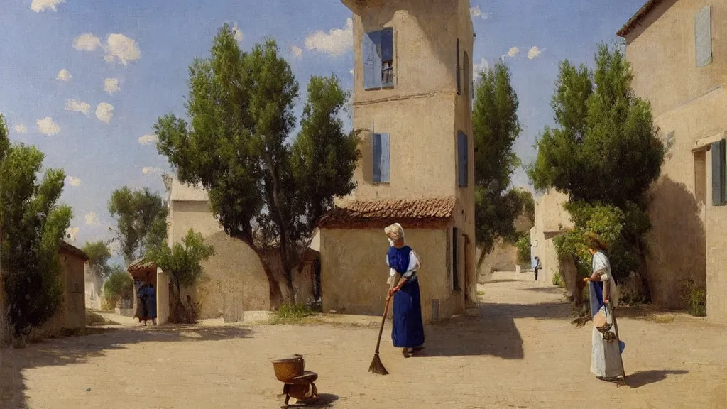 Image similar to a beautiful extremely complex painting of a street in a mediterranean village in summer by peter ilsted, whitewashed housed, tall cypress trees, blue shutters on windows, elderly woman sweeping the ground with a broom, national gallery of art highlights