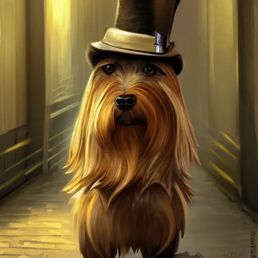 Prompt: detective yorkshire terrier wearing a fedora, in a dark alley, by D&D Concept Artists