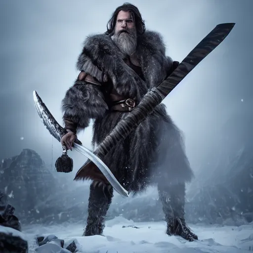 Image similar to a dnd barbarian half frost giant with pale skin and short black beard and hair wearing a fur coat, shoulder armor and holding an axe, neatly trimmed black beard, high resolution film still, 4k, HDR color