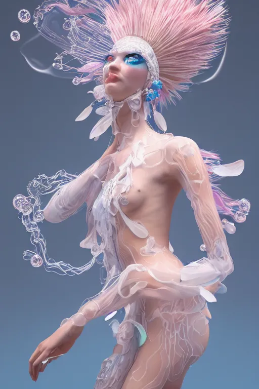 Image similar to an epic non - binary model, subject made of white melting porcelain, mesh headdress, flowing dress, with cerulean and pastel pink bubbles bursting out, delicate, beautiful, intricate, melting into vulpix, houdini sidefx, by jeremy mann and ilya kuvshinov, jamie hewlett and ayami kojima, trending on artstation, bold 3 d