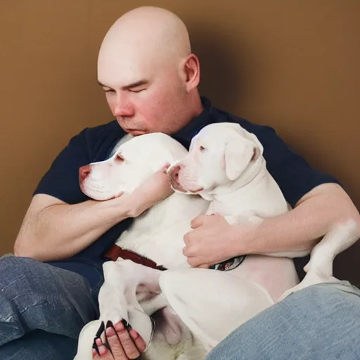 Image similar to portrait of tired white pitbull puppy curled up on a japanese man's lap, highly detailed, cozy aesthetic, fukaya yuichiro